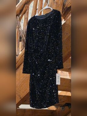 NWT! Beautiful Black Sequin Velvet Long Sleeve Dress